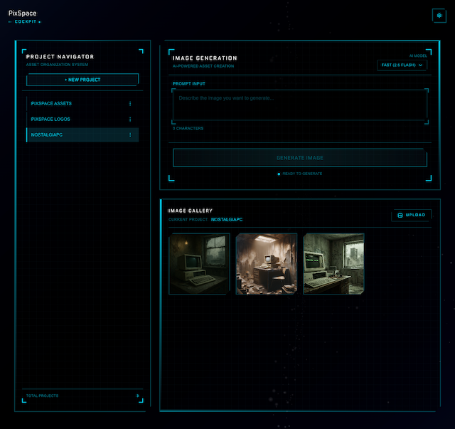 PixSpace main UI interface showing project workspace and image generation